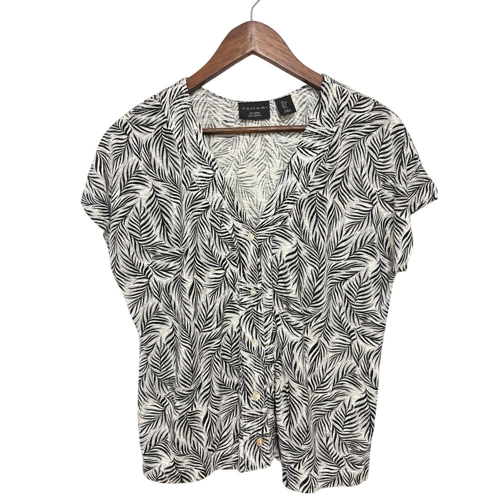 Tahari Linen Lyocell Palm Leaf Print Blouse Small Black Ivory Button Front Top